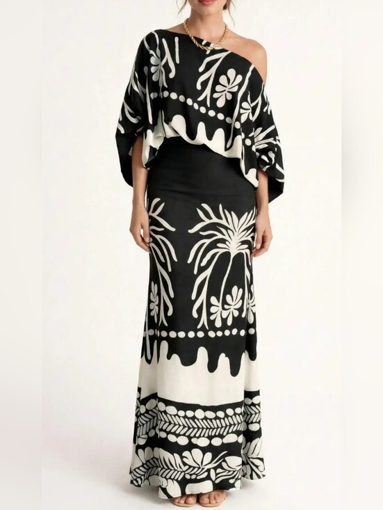 chicme Dresses & Skirts - Tropical Resort 2 Piece Maxi Skirt Set Black White Boho Coastal Chic XL Chicme